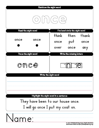 once sight word worksheet