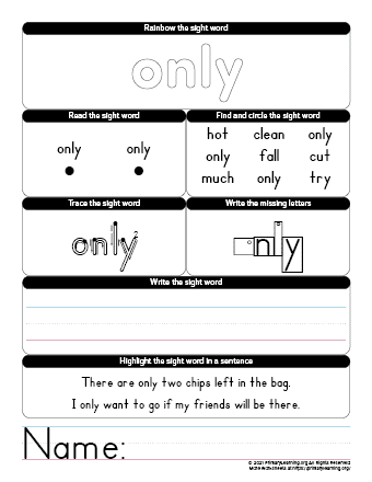 only sight word worksheet
