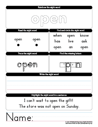 open sight word worksheet