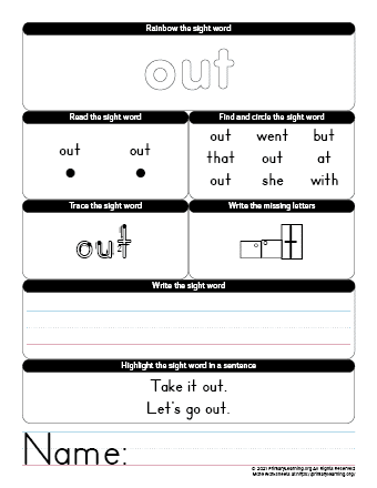 out sight word worksheet