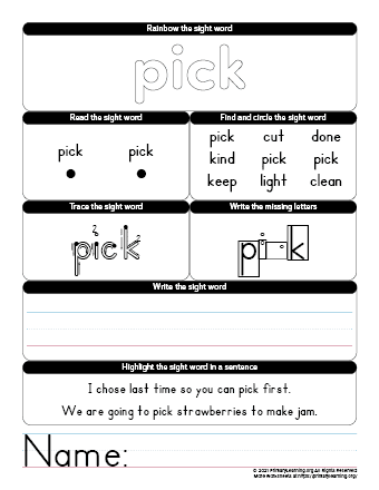 pick sight word worksheet
