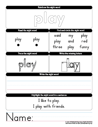 play sight word worksheet