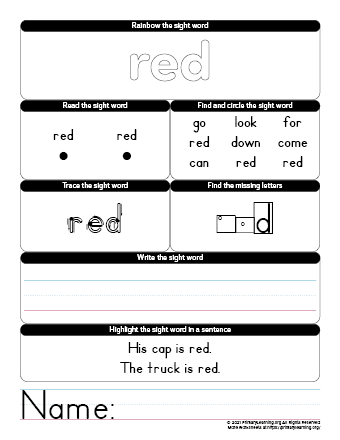 red sight word worksheet