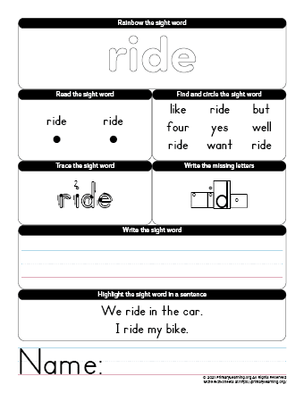 ride sight word worksheet