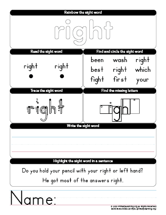 right sight word worksheet
