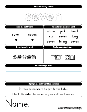 seven sight word worksheet