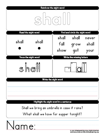 shall sight word worksheet