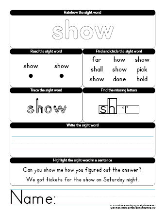 show sight word worksheet