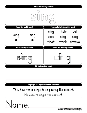 sing sight word worksheet