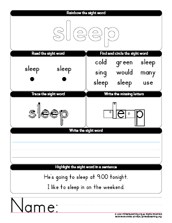 sleep sight word worksheet