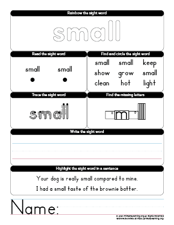 small sight word worksheet