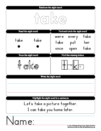 take sight word worksheet