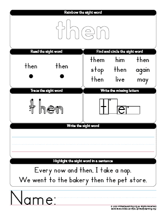then sight word worksheet