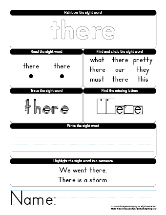 there sight word worksheet