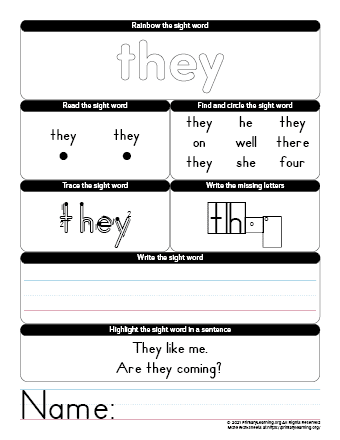 they sight word worksheet