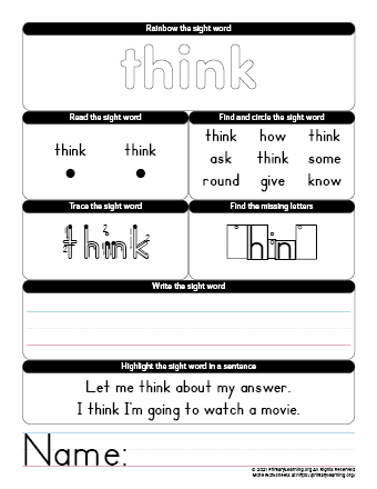 think sight word worksheet