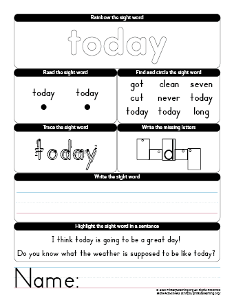 today sight word worksheet