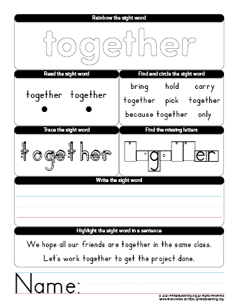 together sight word worksheet