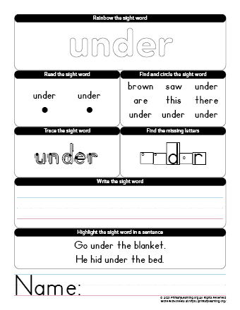 under sight word worksheet