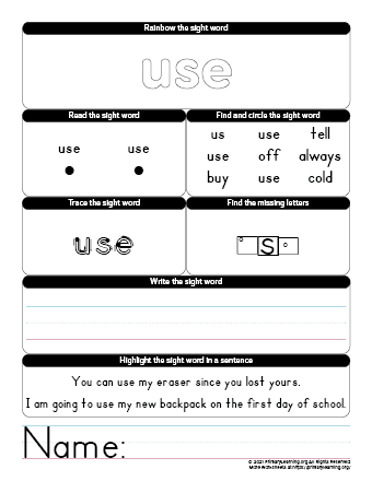 use sight word worksheet