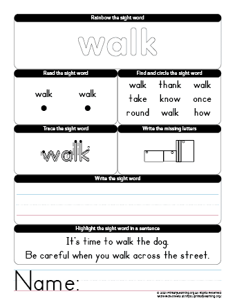 walk sight word worksheet