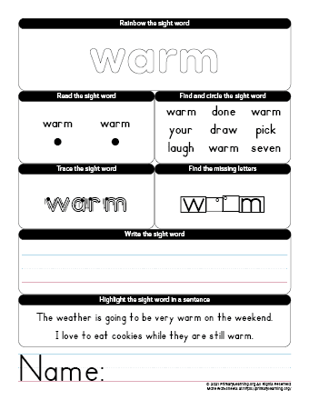 warm sight word worksheet