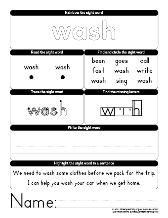 wash sight word worksheet