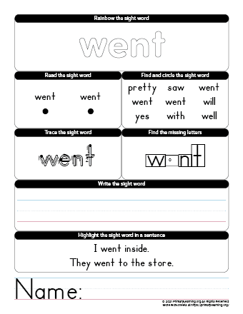 went sight word worksheet