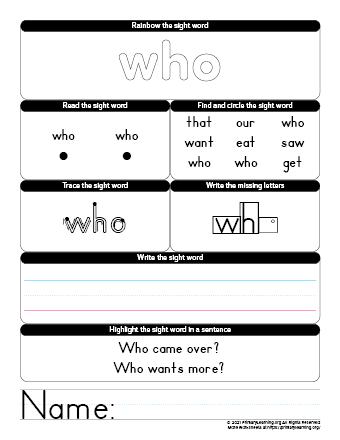 who sight word worksheet