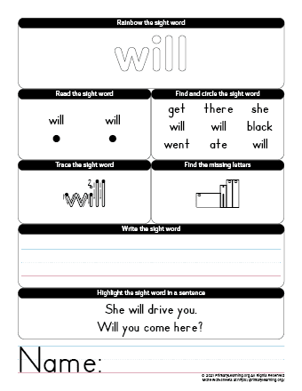will sight word worksheet