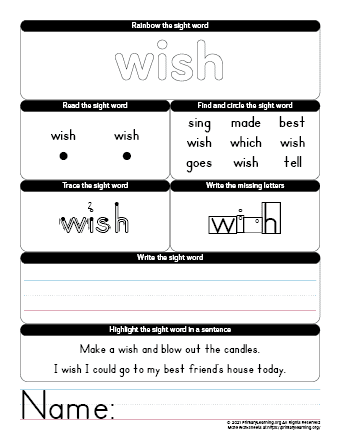 wish sight word worksheet