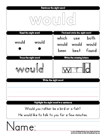 would sight word worksheet