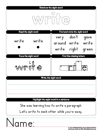 write sight word worksheet
