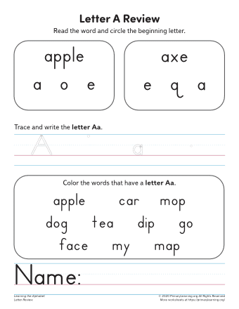 learning the letter a worksheet