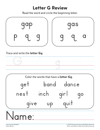 learning the letter g worksheet