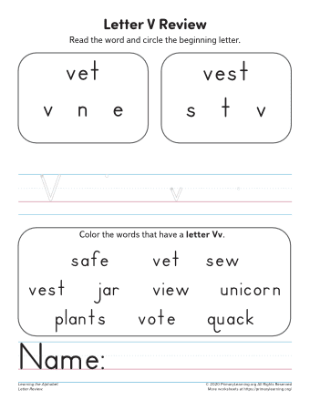 learning the letter v worksheet