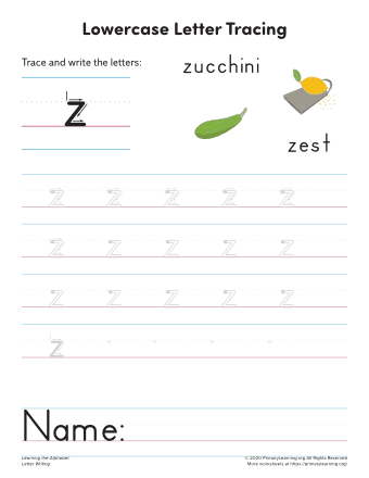 tracing lowercase letter z