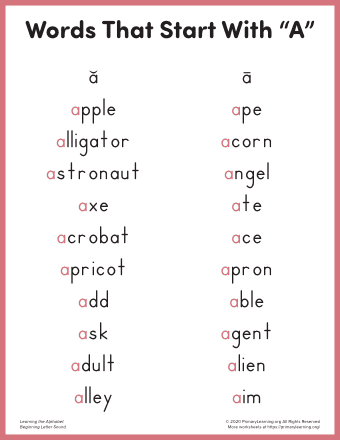 words that start with a for kindergarten