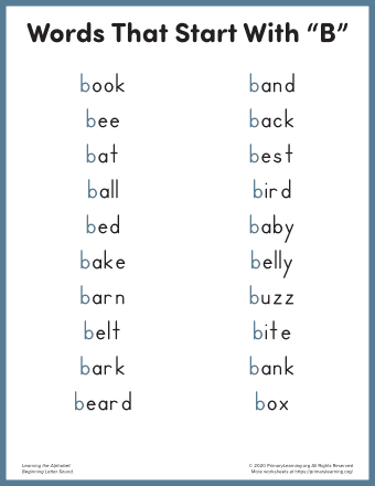 words that start with b for kindergarten