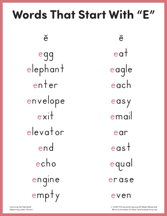 words that start with e for kindergarten