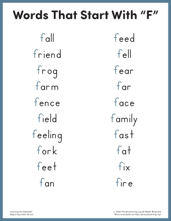 words that start with f for kindergarten