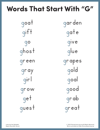 words that start with g for kindergarten