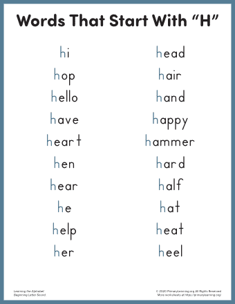 words that start with h for kindergarten
