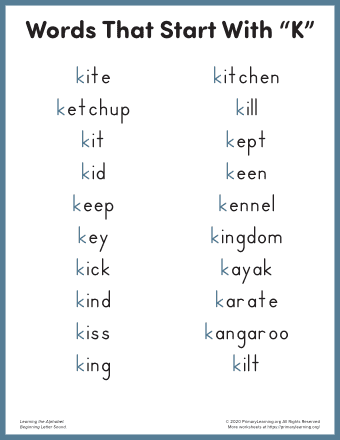 words that start with k for kindergarten