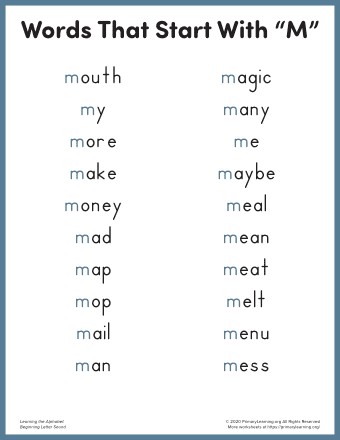 words that start with m for kindergarten