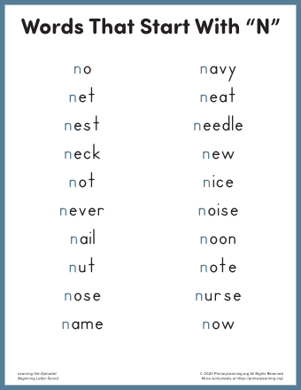 words that start with n for kindergarten