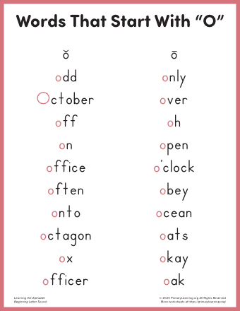 words that start with o for kindergarten
