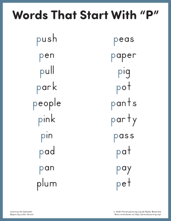 words that start with p for kindergarten
