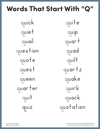 words that start with q for kindergarten
