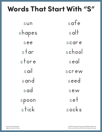 words that start with s for kindergarten